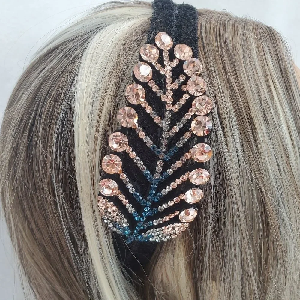 Blue Gold Crystals Leaf Black Lace Hair Band